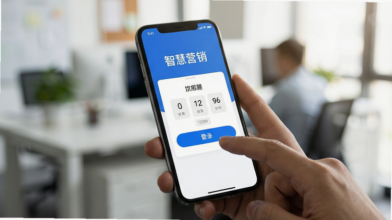 手机手持场景,屏幕上显示“智慧营销”App的登录界面,手指正在输入验证码。背景为模糊的办公室环境,光线柔和。手机屏幕亮度适中,UI元素清晰,蓝色主按钮醒目。高清摄影风格,景深效果突出主体,无水印,真实感强。