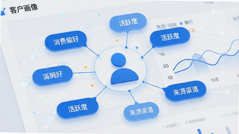 展示“智慧营销”应用内的“客户画像”页面,中心是一个由线条连接的人形图标,周围环绕着“消费偏好”、“活跃度”、“来源渠道”等标签气泡。背景为浅灰色网格,体现数据连接的概念。UI风格简洁现代,蓝色为主色调,文字标签清晰,高清渲染,无水印,细节丰富,展现数据可视化效果。