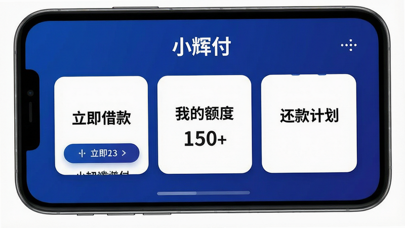手机屏幕中央显示“小辉付”APP界面,背景为深蓝色渐变,界面清晰展示首页卡片,包含“立即借款”、“我的额度”、“还款计划”三个主要按钮,字体白色加粗,整体风格现代简约,高清无噪点,干净无多余元素