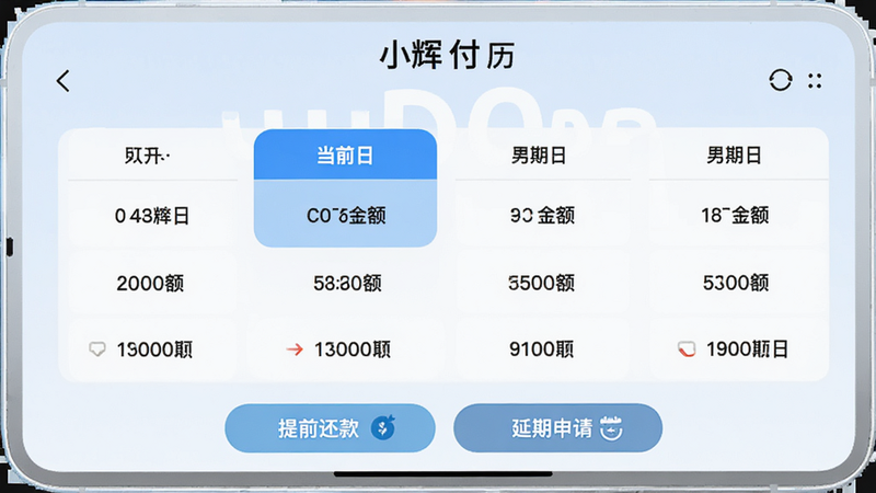 “小辉付”还款日历界面,显示每月还款日与金额,高亮显示当前月份,下方有“提前还款”与“延期申请”按钮,背景为淡蓝色,界面清新,文字清晰,无水印,高质量渲染
