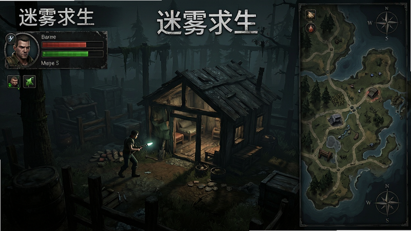 主体为《迷雾求生》游戏主界面截图,布局左侧显示角色状态栏,右侧为地图探索区域,中心是正在建造中的庇护所,风格为暗黑写实风,细节丰富,画质高清,干净无多余元素,文字标注