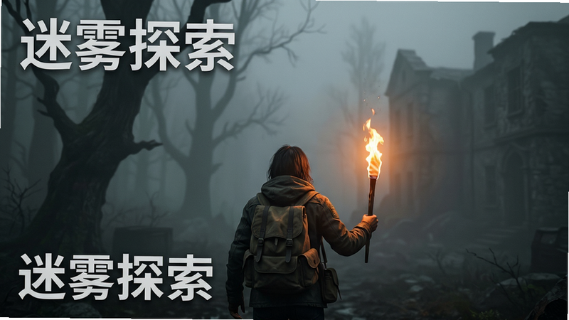 主体为《迷雾求生》迷雾探索场景,布局前景为角色手持火把前行,背景是浓密迷雾中的树木与建筑轮廓,风格神秘悬疑,细节展现火把光照效果,画质逼真,干净,文字标注