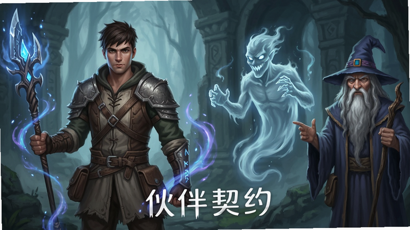 主体为《迷雾求生》角色与伙伴合影,布局左侧为主角,右侧为幽灵伙伴与巫师,风格奇幻玄幻,细节展现伙伴技能特效,画质细腻,干净,文字标注