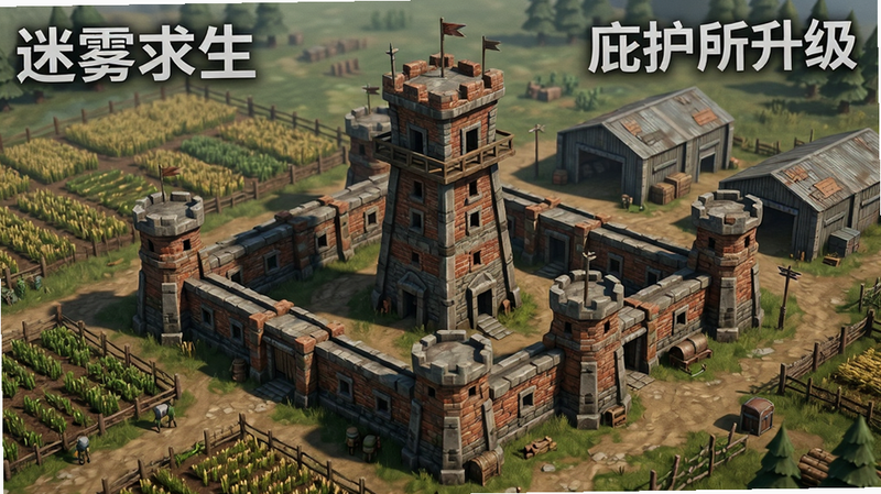 主体为《迷雾求生》庇护所全景,布局中心为多层防御塔,周围环绕着农田与仓库,风格坚固厚重,细节展现砖石纹理与防御箭塔,画质清晰,干净,文字标注