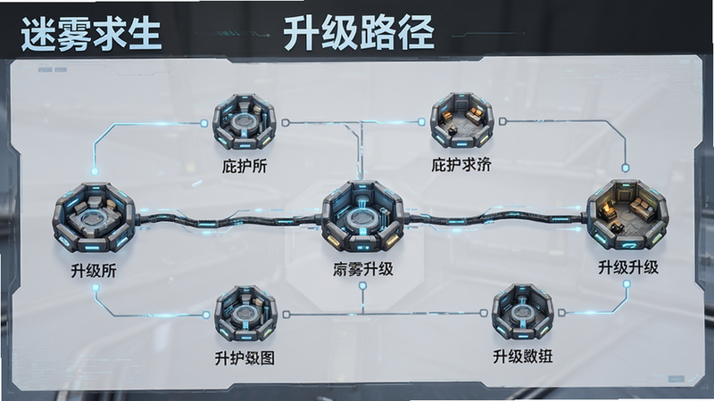 主体为《迷雾求生》庇护所升级路线图,布局展示各阶段升级节点,风格科技感,细节清晰,画质高清,干净,文字标注