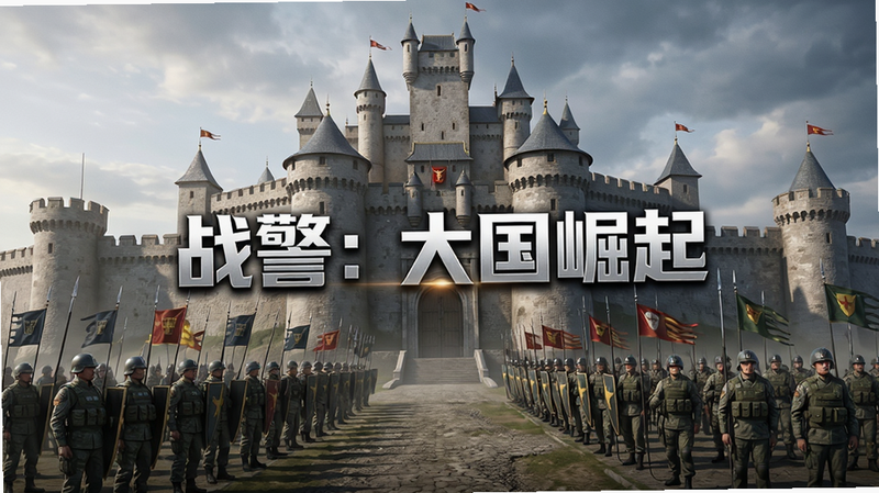 游戏主界面全景图,中央显示“战警:大国崛起”标题,背景为宏伟的城堡与军队,布局对称,排版清晰,风格写实,细节丰富,画质高清,干净,无多余元素
