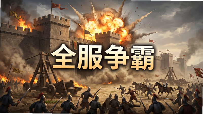 主体为大型攻城战画面,布局展示城墙与攻城器械,排版突出爆炸特效与士兵冲锋,风格为宏大史诗感,细节包含火焰光影与尘土飞扬,画质震撼,干净,无多余元素,文字显示