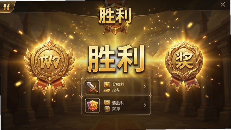主体为游戏战斗结算界面,布局展示获胜徽章与奖励列表,排版居中对称,风格为荣耀金色调,细节包含光效粒子与勋章质感,画质华丽,干净,无多余元素,文字显示