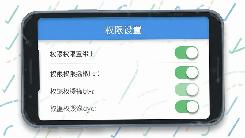 主体为手机设置界面截图风格图示,布局展示权限开关列表,排版简洁明了,风格为扁平化UI设计,细节包含手机边框与图标阴影,画质清晰,干净,无多余元素,文字显示
