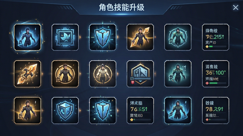 主体:角色技能升级界面,布局:网格状技能图标,排版:清晰层级,风格:UI设计,细节:光效特效与属性数值,画质:高清,干净,无多余元素