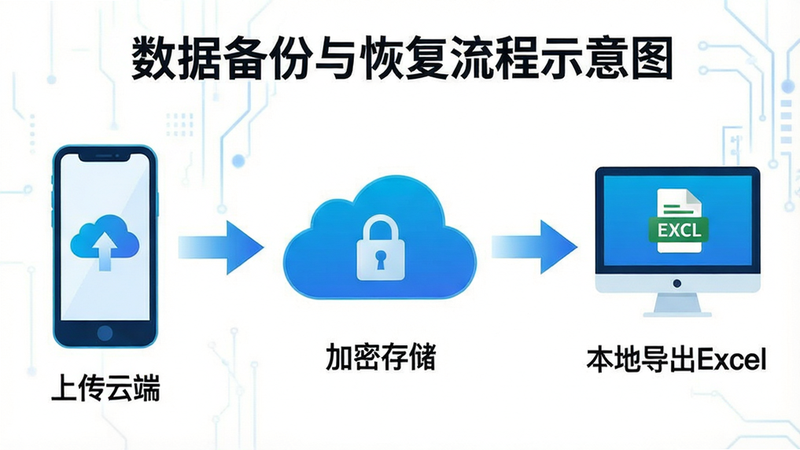 数据备份与恢复流程示意图,左侧为手机图标显示“上传云端”,中间为云朵图标显示“加密存储”,右侧为电脑图标显示“本地导出Excel”,箭头连接表示数据流向,背景简洁,文字标注清晰,风格科技感,无多余装饰,高清矢量图质感
