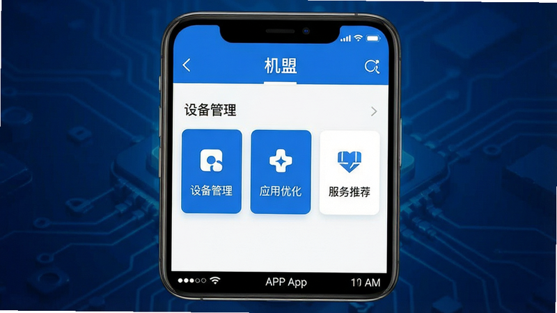 一张高清的手机屏幕特写,背景为深蓝色科技渐变,屏幕中央显示“机盟”APP的主界面,界面风格现代简约,顶部有清晰的导航栏,中间区域展示“设备管理”、“应用优化”、“服务推荐”三个主要功能卡片,卡片图标简洁明了,底部有状态栏显示电池电量和时间,整体色调为科技蓝与白色搭配,布局整齐,画质清晰,无多余元素