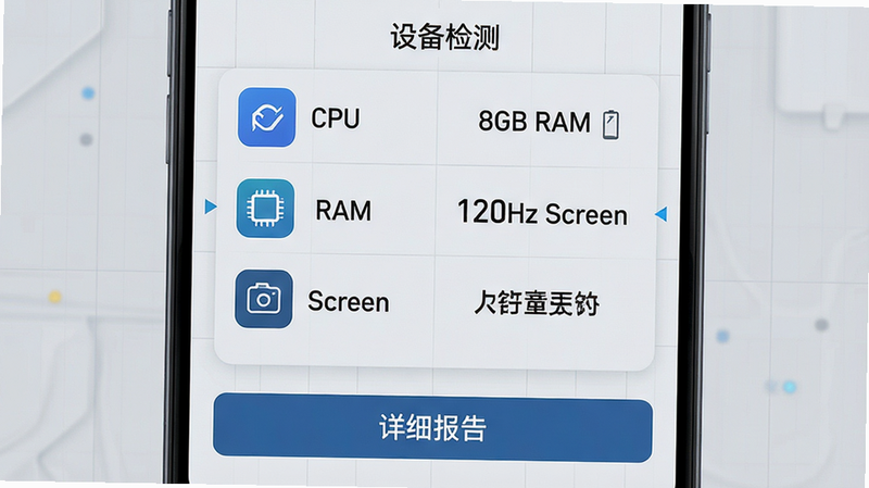 手机屏幕界面展示“设备检测”模块,左侧列出CPU、RAM、Screen等图标,右侧显示对应的数据数值,如“8GB RAM”、“120Hz Screen”,界面底部有“详细报告”按钮,背景为浅灰色网格,风格科技感强,文字清晰,布局左右对称,画质高清,干净无杂乱元素
