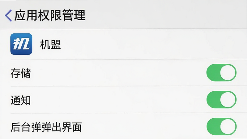 手机设置界面截图风格,显示“应用权限管理”页面,列表中有“机盟”应用,权限项包括“存储”、“通知”、“后台弹出界面”,其中“存储”和“通知”开关为开启状态,界面简洁,色调为白色与灰色,文字清晰,布局规整,画质清晰,无多余元素