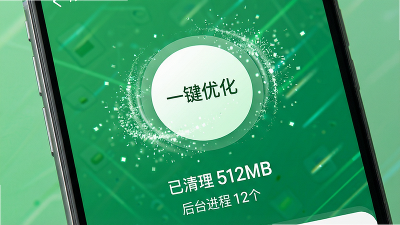 手机界面显示“一键优化”圆形大按钮,按钮周围有动态的清理粒子效果,下方显示“已清理 512MB”和“后台进程 12个”的数据统计,界面色调为绿色与白色,象征清理与健康,布局中心突出,细节精致,画质清晰,无多余装饰