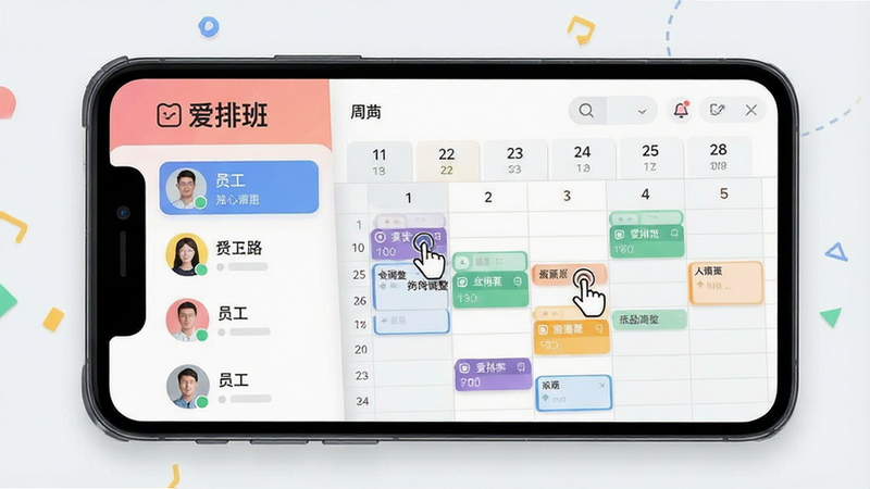 һ��չʾ�����ŰࡱApp���Ľ���ĸ���ͼ������Ϊ�ֻ���Ļ��ʾ��ɫ������������ͼ�Ű�����������࣬�����Ա��ͷ���б����Ҳ����������񣬷��Ϊ�ִ���ƽ��UI��ƣ�ϸ�ڰ��������ġ���ק����������ͼ�꣬���ʸ��壬�ɾ��޶���Ԫ�أ����ֱ�ע�����Űࡱ