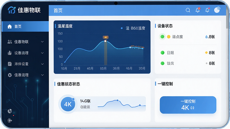 主体为佳惠物联APP的高清界面展示,布局采用左侧导航栏与右侧数据看板,排版整洁有序,风格为现代扁平化科技蓝,细节包含温湿度曲线图、设备状态指示灯及一键控制按钮,画质4K,干净,无多余元素,文字显示