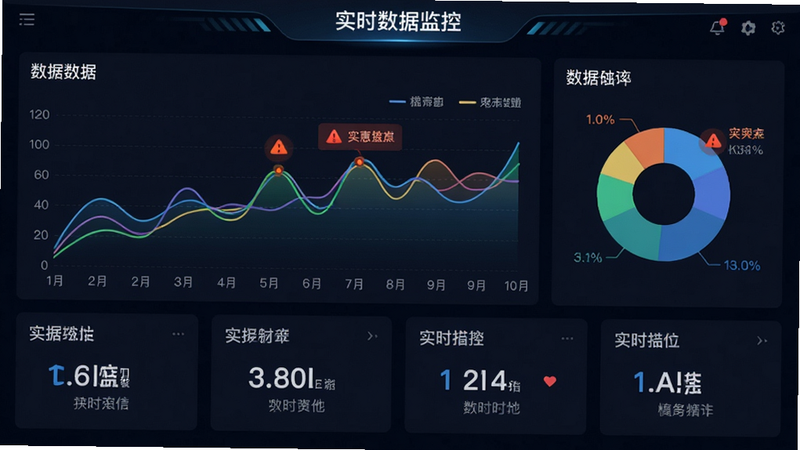 主体为佳惠物联APP内的数据可视化大屏界面,布局包含折线图、饼图及实时数值卡片,排版紧凑且信息层级分明,风格为深色模式科技风,细节展示数据波动曲线与告警标记,画质超清,干净,无多余元素,文字显示