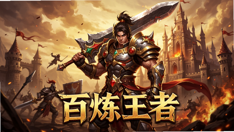 一款名为“百炼王者”的手机游戏主视觉图,画面中央是身穿铠甲的战士角色手持巨剑,背景是宏大的玛法大陆城堡与战火,色调以金黄与暗红为主,体现传奇游戏的史诗感与热血氛围,高画质,细节丰富,无多余文字水印,主体突出,布局居中,风格写实偏二次元