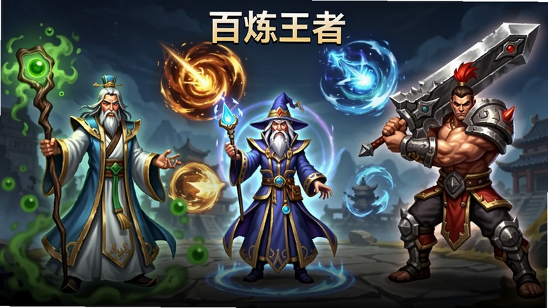 展示“百炼王者”游戏中不同职业角色的对比图,左侧为持毒雾法杖的道士,右侧为持重剑的战士,中间为法师,背景为游戏内的技能特效展示,色彩鲜明,突出角色差异,布局整齐,风格为游戏UI设计图,高清,无杂乱元素