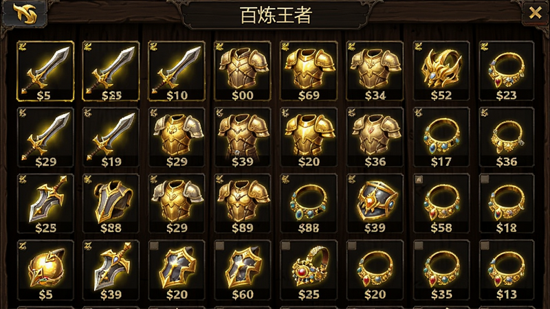 “百炼王者”游戏内的背包界面截图预览,展示大量金光闪闪的极品装备,包括武器、防具和饰品,装备名称清晰可见,背景为深色木质纹理,突出装备的珍贵感,布局紧凑有序,风格为游戏内物品栏展示,高清,无模糊,无多余UI遮挡