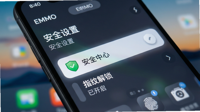 主体是手机屏幕特写,显示EMMO的设置界面,其中“安全中心”选项被高亮显示,旁边有一个绿色的盾牌图标,背景是模糊的桌面壁纸,整体布局聚焦于安全设置选项,排版紧凑且清晰,风格为科技极简风,细节处可见按钮的按压反馈效果,画质高清,干净无多余元素,文字内容包含