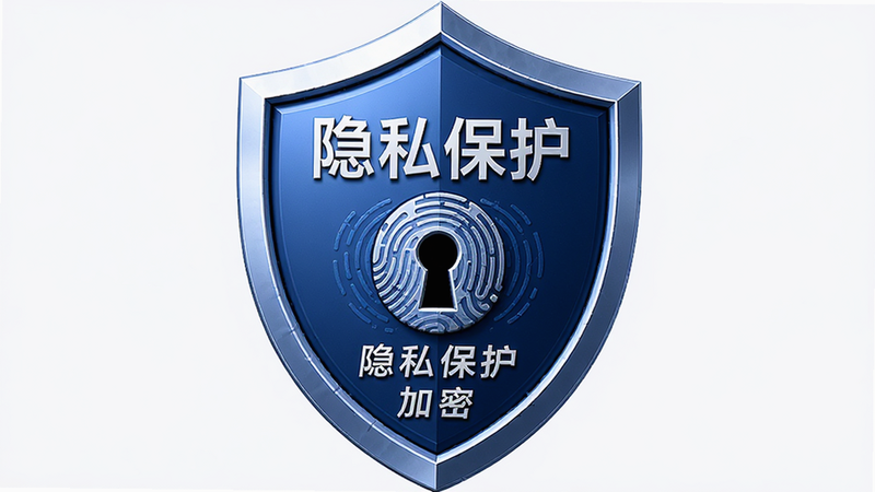 星惟隐私安全盾牌图标,主体为蓝色盾牌,布局居中对称,风格庄重可靠,细节显示锁孔与指纹纹路,画质细腻,文字“隐私保护”、“加密”清晰,背景纯净