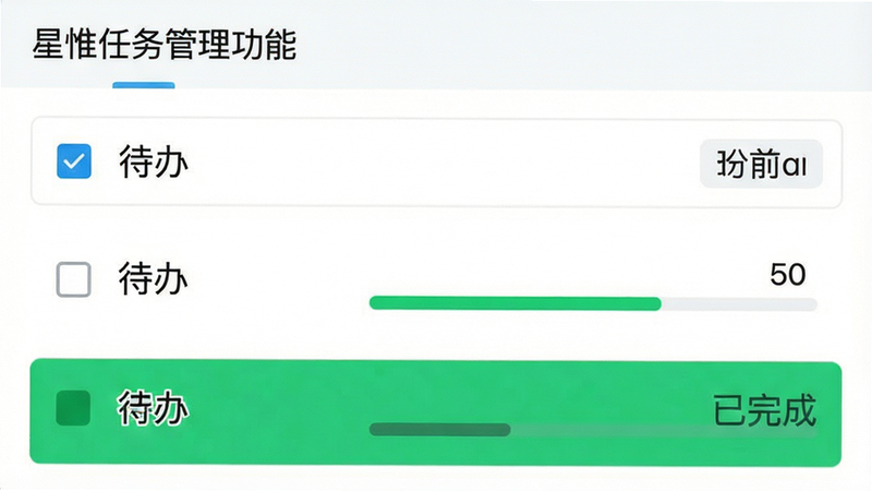 星惟任务管理功能界面,主体为列表视图,布局为上下滚动结构,包含复选框与时间标签,风格清新,细节显示进度条,画质清晰,文字“待办”、“已完成”清晰,干净简洁