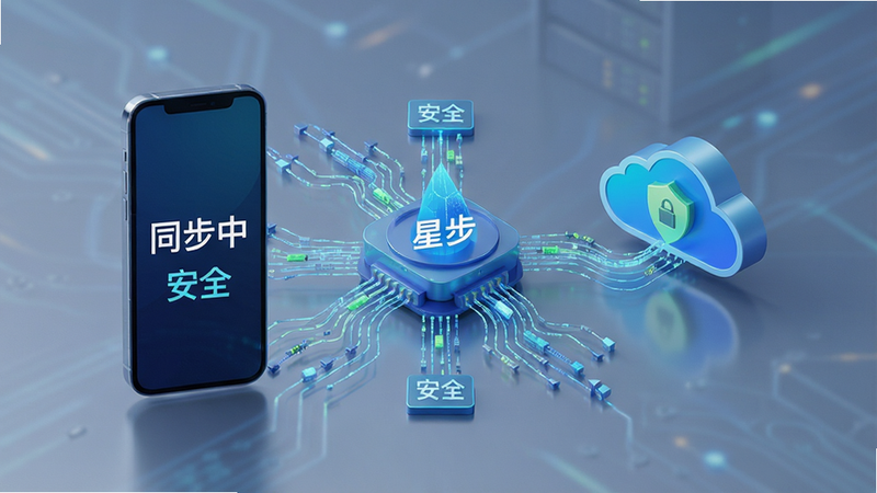 星惟数据同步示意图,主体为手机与云端图标连接,布局为中心辐射状,风格科技感强,细节显示数据流动线条,画质高分辨率,文字“同步中”、“安全”清晰,无杂乱背景