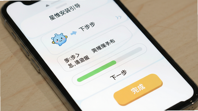 星惟安装引导界面,主体为手机屏幕,布局分步指示,风格友好亲切,细节显示进度条,画质高清,文字“下一步”、“完成”清晰,简洁明了