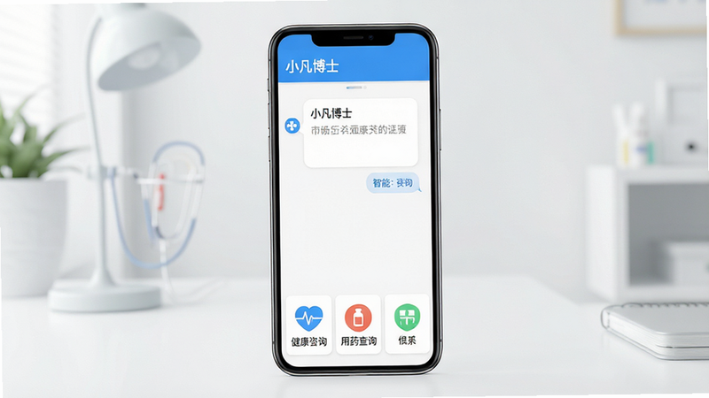 一张展示“小凡博士”安卓应用界面的高清渲染图,主体为手机屏幕,显示着整洁的白色背景界面,顶部有蓝色导航栏写着“小凡博士”,中间是智能问答对话框,底部有“健康咨询”、“用药查询”等图标按钮,风格为现代扁平化设计,色彩清新明亮,画面干净无多余元素,4k高清画质
