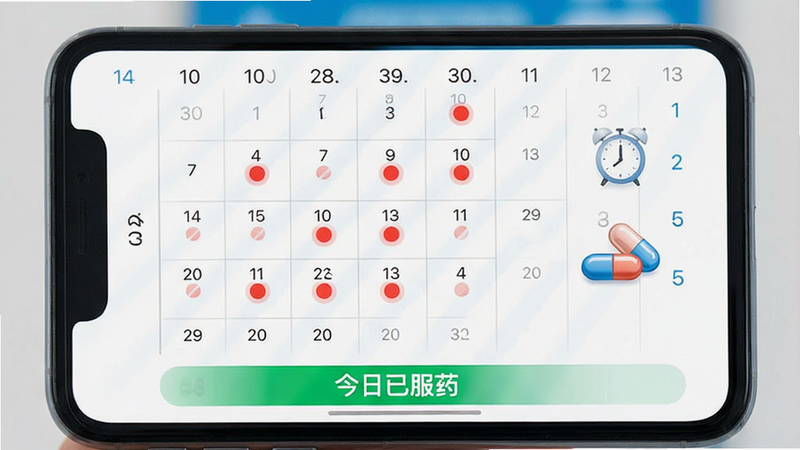 手机界面截图风格,展示一个日历视图,上面标记了红色的服药提醒点,旁边有一个闹钟图标和药丸图标,界面设计简洁现代,主色调为白色和医疗蓝,底部有“今日已服药”的绿色提示标签,画面清晰,布局规整,无杂乱背景