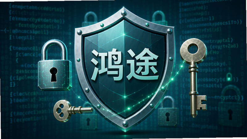 一个盾牌形状的图标位于中心,上面写着“鸿途”,盾牌周围有锁和钥匙的元素,背景是半透明的代码流,象征加密与安全,色调为蓝绿色系,传达信任与稳定,细节丰富,高清渲染
