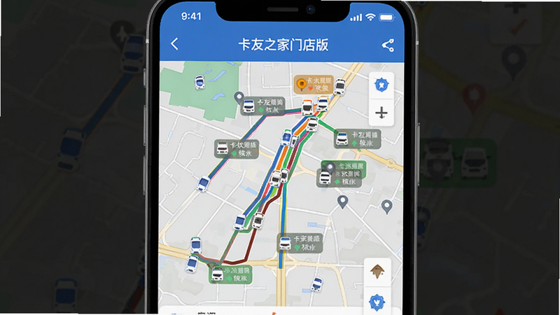 手机应用界面截图,显示“卡友之家门店版”的地图监控模块,地图上有多条不同颜色的车辆轨迹线,周围有车辆图标和状态标签。界面设计简洁现代,蓝色主题,地图细节清晰,包含道路和地标。风格为扁平化UI设计,高清,无水印,布局整齐