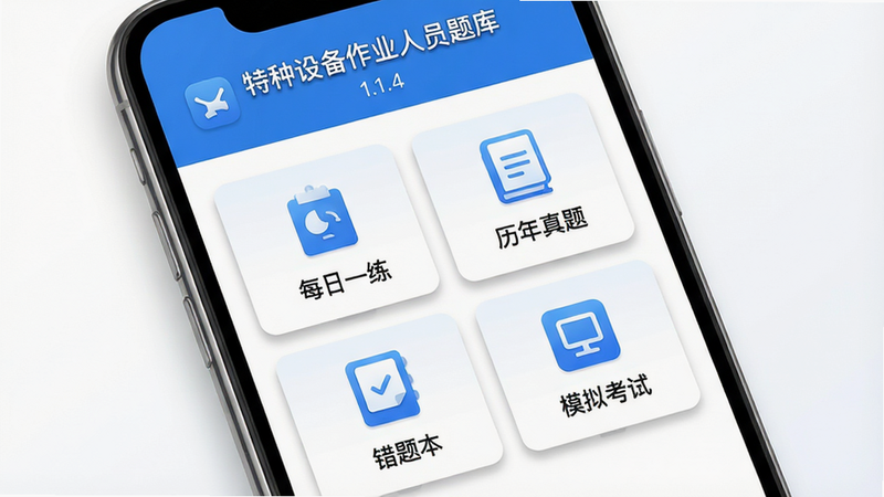 主体为智能手机屏幕展示“特种设备作业人员题库”应用界面,布局清晰,顶部显示应用名称与版本号1.1.4,中间为功能模块网格,包含“每日一练”、“历年真题”、“错题本”、“模拟考试”四个核心板块,图标设计简洁现代,采用蓝白配色风格,细节处有轻微的阴影效果以增强立体感,画质高清,干净无多余元素,背景为纯白色渐变
