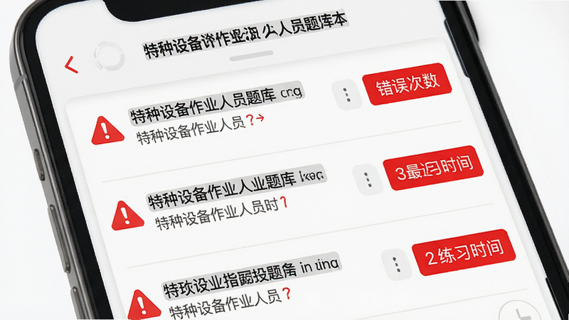 主体为手机界面展示“特种设备作业人员题库”的错题本功能,列表形式展示历史错题,每条题目旁标红显示错误次数与最近练习时间,布局为垂直列表,排版紧凑有序,风格简约科技风,细节处有红色的警示图标点缀,画质高清,干净无多余元素,背景为白色