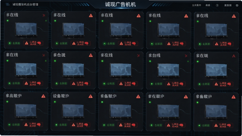 主体为诚现广告机后台管理界面示意图,布局为网格状设备监控面板,每个格子代表一台在线设备,排版整齐有序,风格为深色科技风,细节包含绿色在线指示灯和红色离线警告标识,画质清晰,干净无杂乱背景