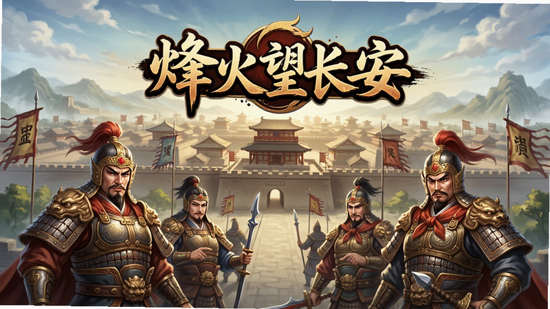 一款精美的手机策略卡牌游戏宣传图,主体为“烽火望长安”游戏Logo,背景是宏伟的长安城全景,前景展示几位身穿古代战甲的武将角色,布局居中对称,排版整洁,风格为高精度国风插画,细节丰富,画质清晰,干净,无多余元素