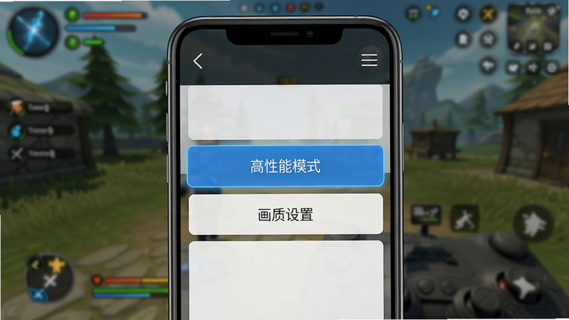 手机屏幕显示游戏设置界面,高亮显示“高性能模式”和“画质设置”选项,背景为模糊的游戏主界面,布局清晰,排版规范,风格为UI教程图,细节清楚,画质清晰,干净,无多余元素
