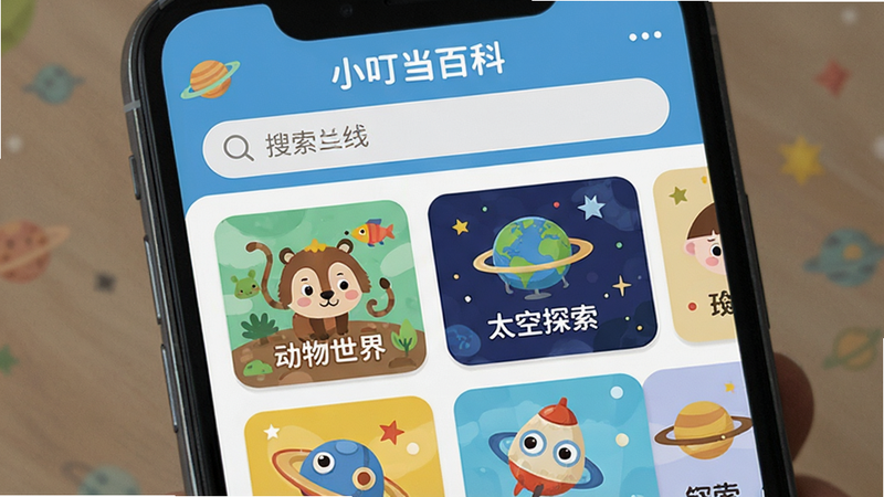 主体为一部智能手机,屏幕显示“小叮当百科”应用首页界面,布局整洁,顶部有搜索栏,中间展示分类卡片如“动物世界”、“太空探索”,排版清晰,风格为扁平化儿童插画风,细节丰富,画质高清,干净,无多余元素
