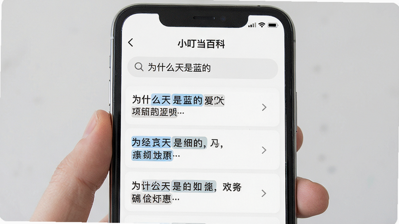 主体为手机界面,显示“小叮当百科”的搜索结果页,布局为列表式,顶部有搜索关键词“为什么天是蓝的”,下方列出相关条目,排版整齐,风格为极简UI设计,细节处可见高亮关键词,画质清晰,干净,无多余元素