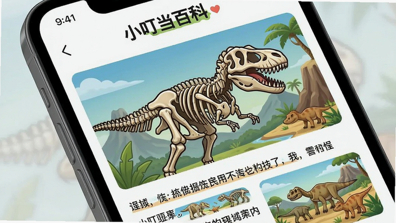 主体为手机屏幕局部特写,显示“小叮当百科”中关于恐龙的科普页面,布局为上图下文,排版紧凑,风格为卡通写实结合,细节处可见恐龙骨骼结构与栖息地背景,画质细腻,干净,无多余元素