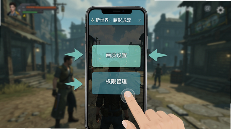 主体为手机屏幕显示《新世界:暗影成双》设置界面,布局为竖屏手机模型居中,背景为模糊的游戏场景。排版上突出显示“画质设置”与“权限管理”两个选项框,周围有箭头指向提示。风格为扁平化UI设计,色调清新,细节展现手指点击动作,画质清晰,干净,无多余元素