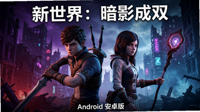 主体为游戏《新世界:暗影成双》的主视觉海报,布局采用中心对称构图,左侧为持剑的少年主角,右侧为手持法杖的少女主角,两人背靠背站立。背景是破碎的霓虹城市废墟,色调以深紫、暗红和冷蓝为主,营造神秘氛围。排版上顶部居中显示白色粗体中文标题“新世界:暗影成双”,底部有小字“Android 安卓版”。风格为写实3D渲染,细节丰富,画质4K高清,干净无多余元素