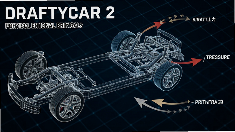 一张展示 DRAFTYCAR 2 物理引擎原理的示意图,画面左侧是车辆底盘结构线框图,右侧是各种力矢量箭头(如升力、下压力、摩擦力)的动态展示,背景为深蓝色科技感网格,文字标注清晰,风格专业严谨,画质高清