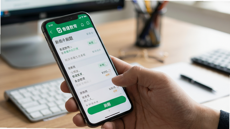 场景化实拍风格,主体为一只手握持智能手机正在使用鲁建教育APP刷题,布局紧凑,背景为模糊的办公桌,风格真实自然,细节展示屏幕上的题目界面,画质清晰,干净,文字包含