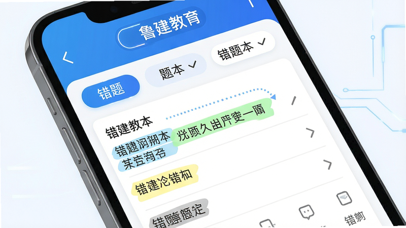 扁平化设计,主体为手机屏幕特写,显示鲁建教育APP的错题本页面,布局清晰,上方为筛选标签,下方为题目列表,风格科技感,细节展示高亮标记的错题选项,画质高清,干净,文字包含