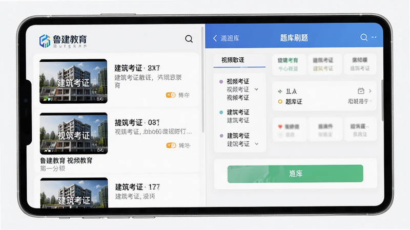 高清写实风格,主体为鲁建教育APP界面展示,布局采用左右分栏,左侧显示视频课程列表,右侧显示题库刷题界面,排版整洁有序,风格现代简约,细节丰富,画质清晰,干净无多余元素,文字内容包含
