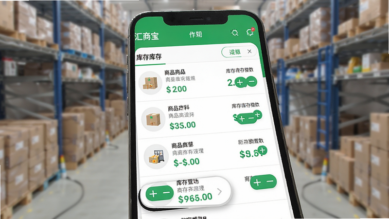 主体为汇商宝库存管理界面,布局为手机屏幕,显示商品列表与库存数量,排版清晰,风格为清新绿色,细节包含加减号操作按钮,画质清晰,干净,无多余元素