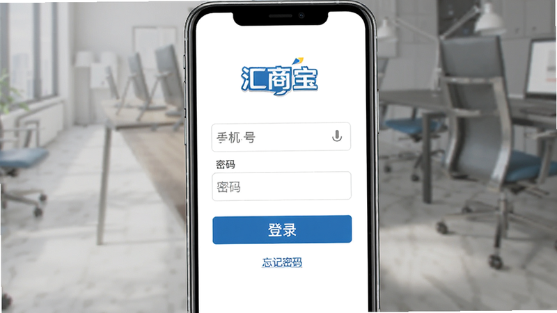 主体为汇商宝登录界面,布局为手机屏幕,包含手机号输入框、密码输入框及登录按钮,排版居中,风格为简洁商务蓝,细节包含“忘记密码”链接,画质高清,干净,无多余元素